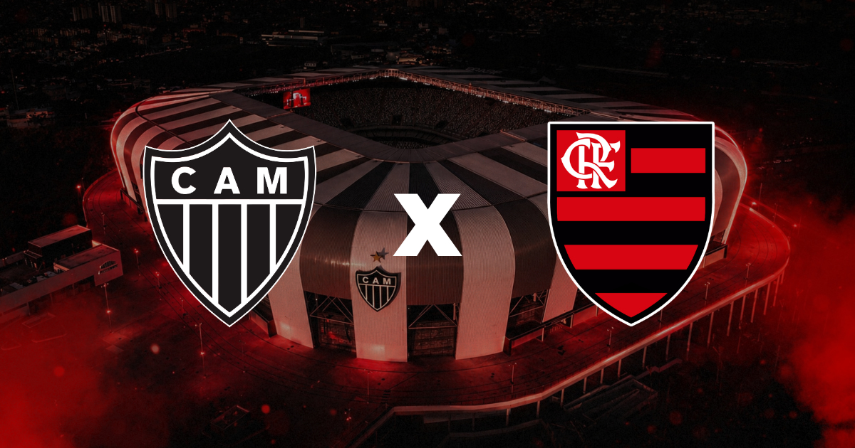 Atlético Mineiro x Flamengo na Arena MRV pela 13ª rodada do Brasileirão 2026, com escudos dos clubes sobre imagem aérea do estádio.