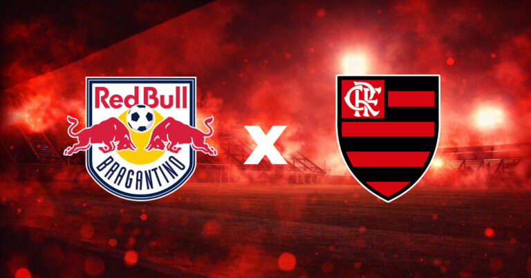 Bragantino x Flamengo com escudos dos times em fundo vermelho de estádio