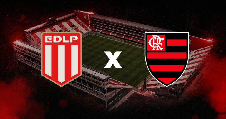 Estudiantes x Flamengo no estádio Jorge Luis Hirschi pela Libertadores, com os escudos dos clubes sobre imagem aérea do campo.