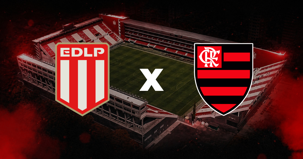 Estudiantes x Flamengo no estádio Jorge Luis Hirschi pela Libertadores, com os escudos dos clubes sobre imagem aérea do campo.