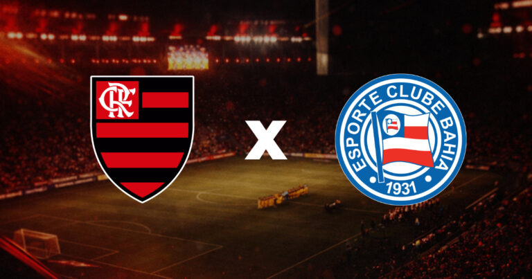 Flamengo x Bahia no Maracanã pela 12ª rodada do Brasileirão 2026, com escudos dos clubes sobre fundo de estádio iluminado.
