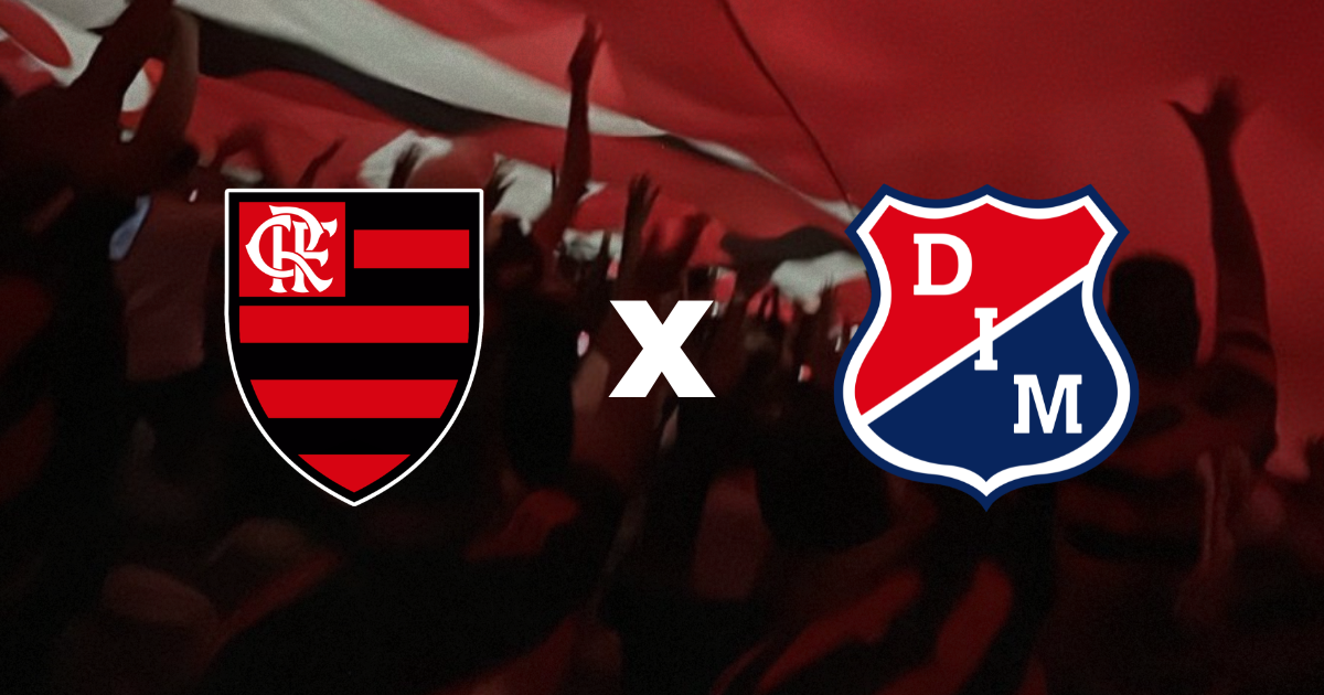 Flamengo x Independiente Medellín no Maracanã pela Libertadores 2026, com escudos dos clubes sobre fundo da torcida rubro-negra.