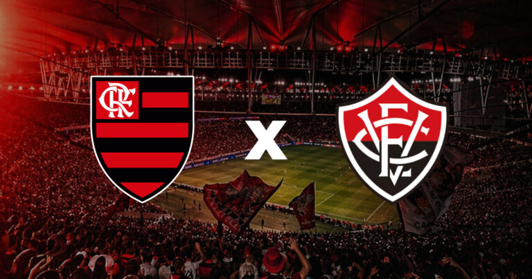 Flamengo x Vitória no Maracanã pela Copa do Brasil 2026, com escudos dos clubes sobre imagem do estádio lotado.