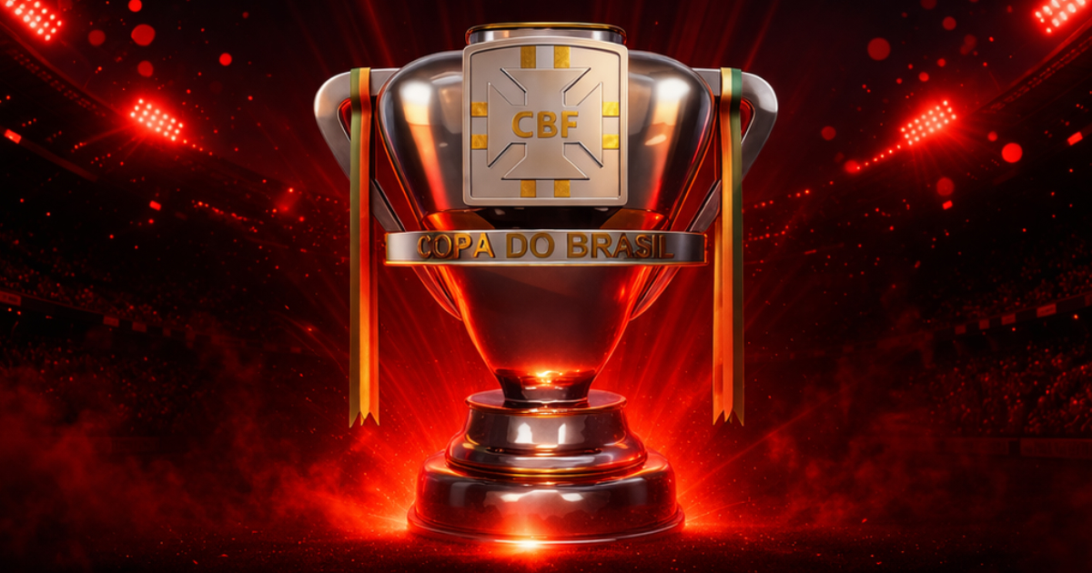 Taça da Copa do Brasil em destaque sobre fundo vermelho iluminado, em arte que representa a tradição do Flamengo na Copa do Brasil.