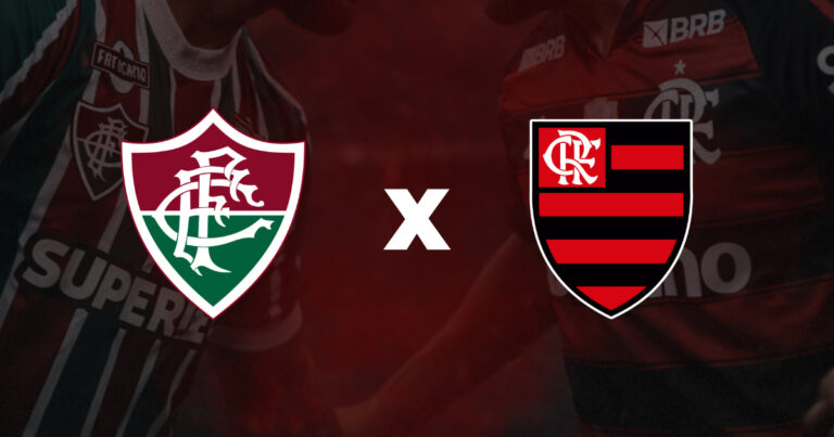 Fluminense x Flamengo no Maracanã pela 11ª rodada do Brasileirão 2026, com escudos dos clubes sobre fundo vermelho e camisas ao fundo.
