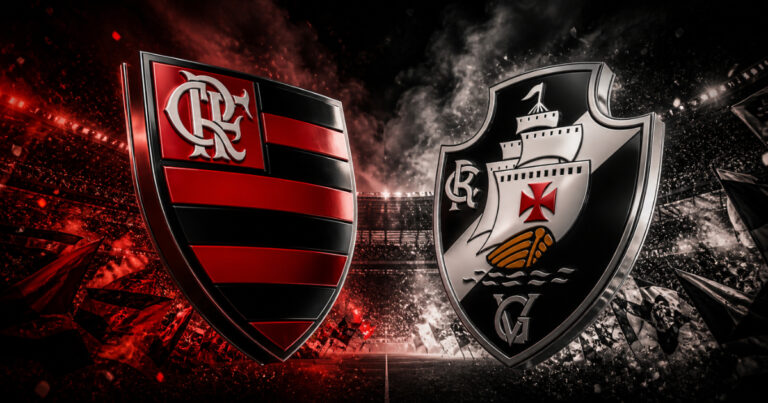 Escudos de Flamengo e Vasco em destaque sobre um estádio lotado, em arte que representa o Clássico dos Milhões.