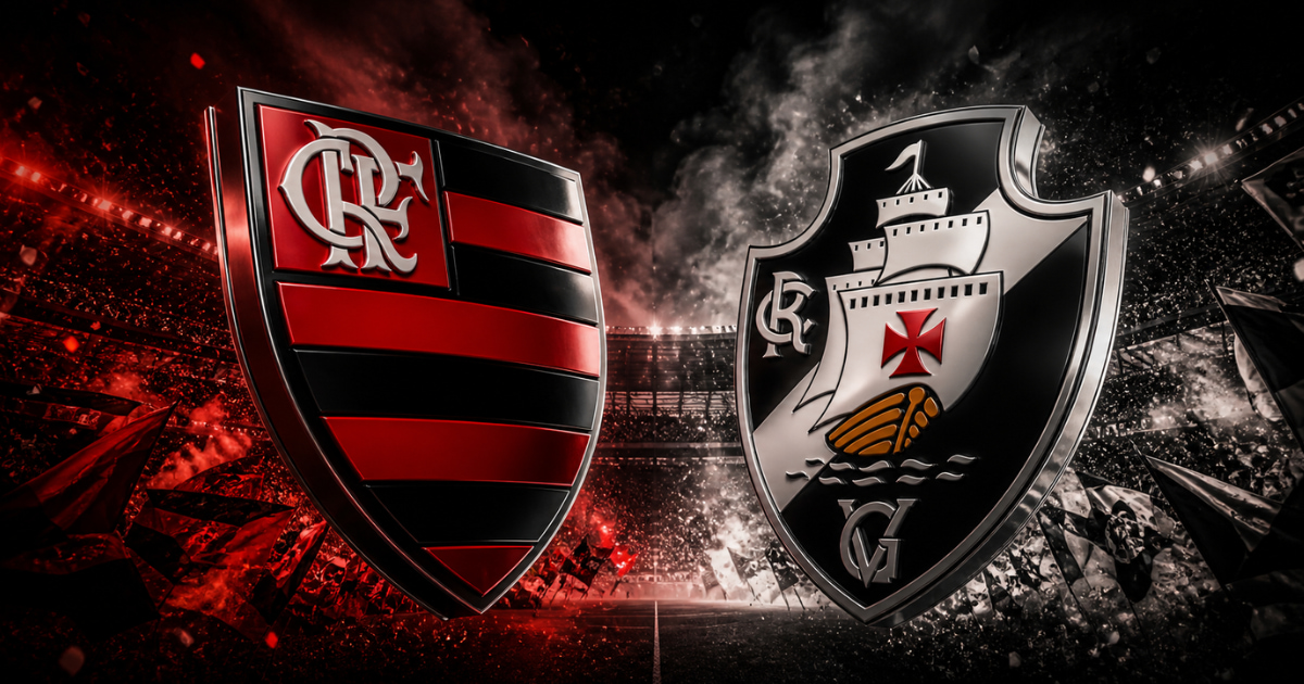 Escudos de Flamengo e Vasco em destaque sobre um estádio lotado, em arte que representa o Clássico dos Milhões.