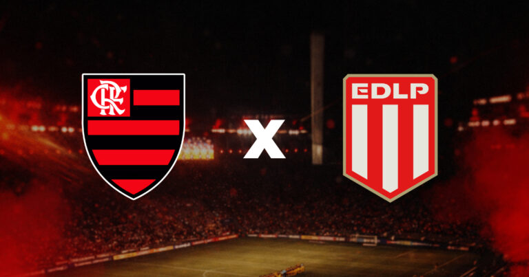 Flamengo x Estudiantes pela Libertadores no Maracanã, com os escudos dos clubes em destaque.