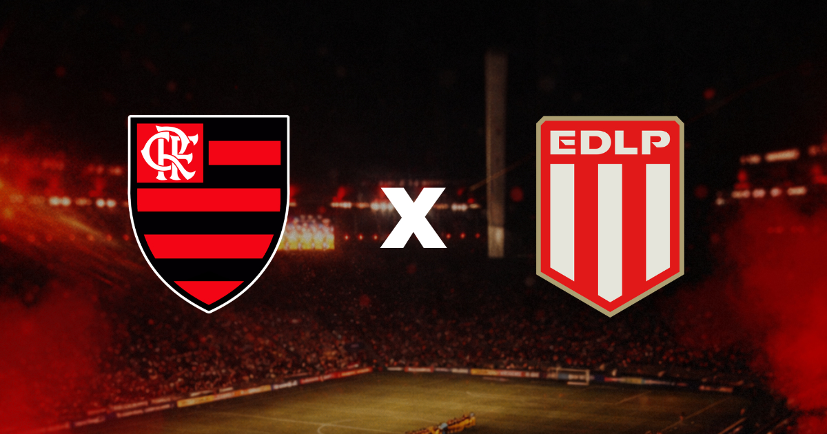 Flamengo x Estudiantes pela Libertadores no Maracanã, com os escudos dos clubes em destaque.