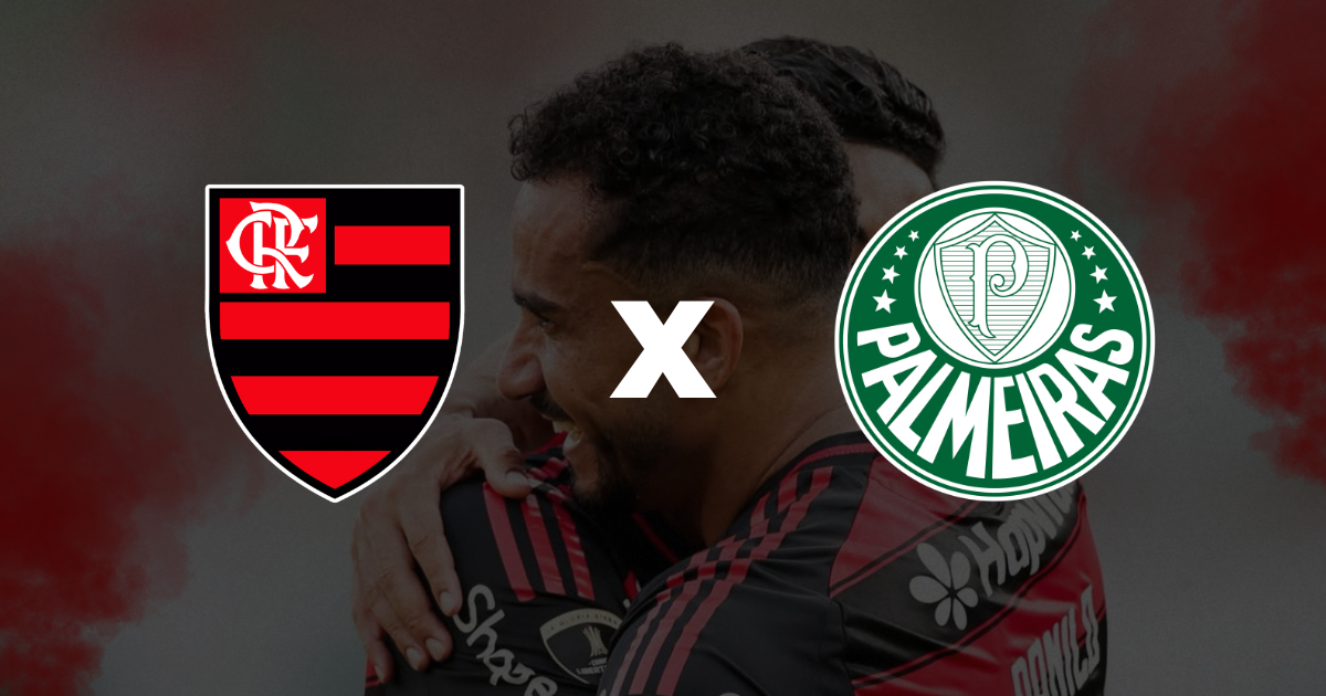 Flamengo x Palmeiras pela 17ª rodada do Brasileirão 2026, com escudos dos clubes e jogadores rubro-negros ao fundo.