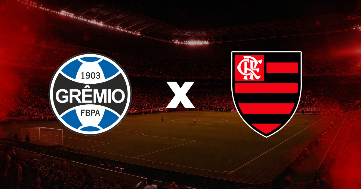 Grêmio x Flamengo na Arena do Grêmio, com os escudos dos dois clubes sobre fundo do estádio, em imagem destacada do pré-jogo do Brasileirão 2026.