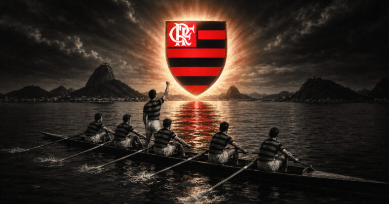 História do Flamengo do remo ao futebol, com remadores na Baía de Guanabara e escudo rubro-negro em destaque.