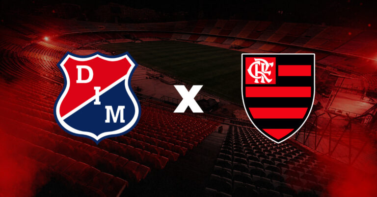 Independiente Medellín x Flamengo pela Libertadores 2026, com os escudos dos dois clubes sobre fundo do estádio em imagem destacada de pré-jogo