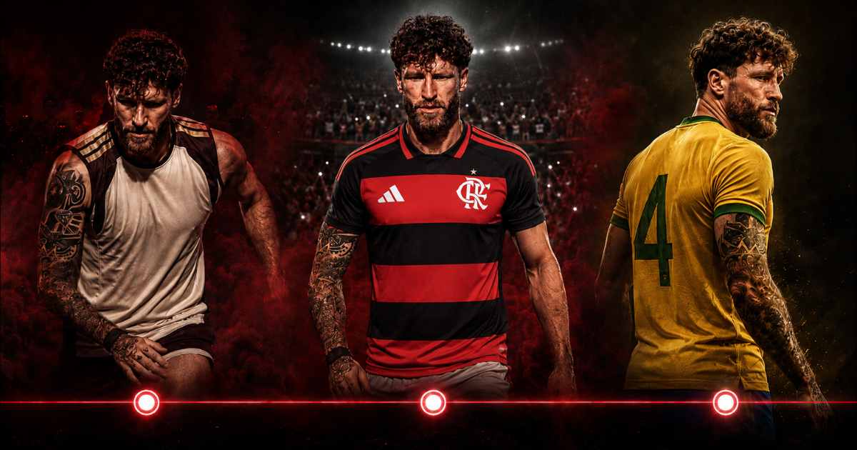 Léo Pereira em trajetória visual do Flamengo à Seleção Brasileira, representando sua evolução até a Copa do Mundo de 2026.