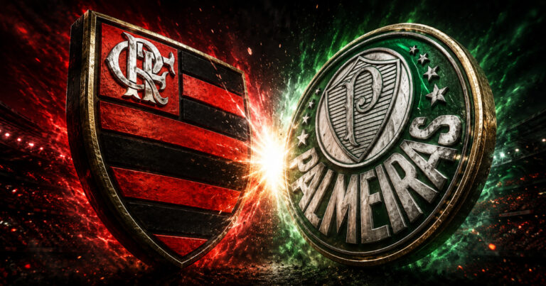Rivalidade Flamengo x Palmeiras no futebol brasileiro moderno, com os escudos dos clubes em confronto direto.